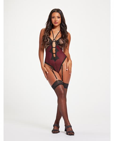 Fishnet & Stretch Lace Teddy W/double Adjustable Straps Black/wine Xl Sex Toy Product