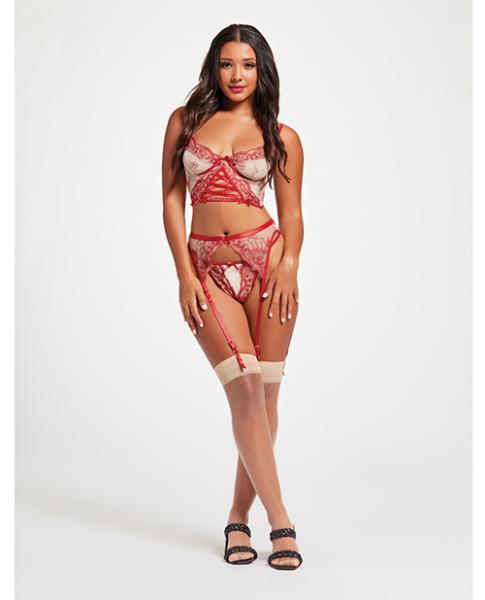 Sheer Stretch Mesh W/floral Contrast Embroidery Bustier, Garter Belt & Thong Red/nude Md Sex Toy Product
