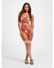 Sheer Stretch Mesh W/floral Contrast Embroidery Bustier, Garter Belt & Thong Red/nude Sm Sex Toy Product