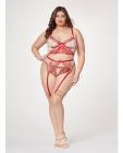 Sheer Stretch Mesh W/floral Contrast Embroidery Bustier, Garter Belt & Thong Red/nude 1x/2x Sex Toy Product