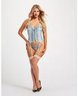 Lace & Mesh Bustier W/lace Up Center, Garter Belt & Thong Blue Sm Sex Toy Product