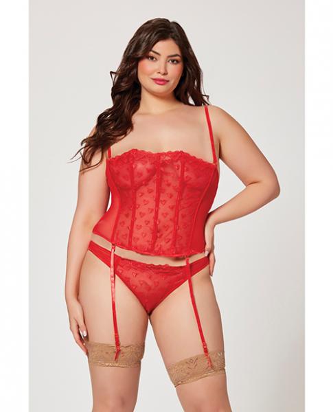 Valentines Heart Embroidered Mesh Bustier & Panty Red 1x/2x Sex Toy Product