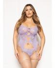 Floral Lace And Mesh Cami W/attached Garters & Thong - Lavender Qn Sex Toy Product