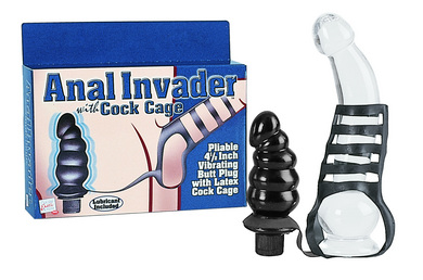 Anal invader w/cock cage 4.5in butt plug w/latex cage