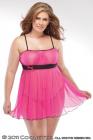 Gathered Mesh Babydoll and G-String Fuchsia/Black Os/Xl