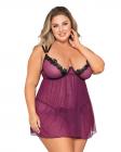 Stretch Mesh Babydoll W/ Contrast Lace Mulberry Q/s Sex Toy Product