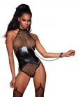 Fishnet Halter Teddy W/ Faux Leather Corset Black O/s Sex Toy Product