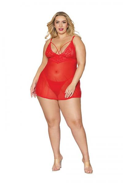 Lace & Mesh Babydoll & G- String Set Lipstick Red Q/s Sex Toy Product
