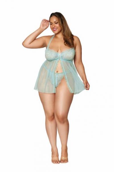 Stretch Lace Babydoll Set W/ Ruffle Trim Mint Q/s Sex Toy Product