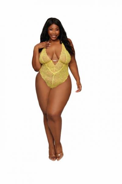 Stretch Lace Teddy & Organza Rosette Harness Set Citrus Q/s Sex Toy Product