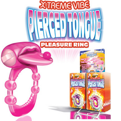 Pierced Tongue Vibrating Silicone Cock Ring Waterproof Magenta	 Sex Toy Product