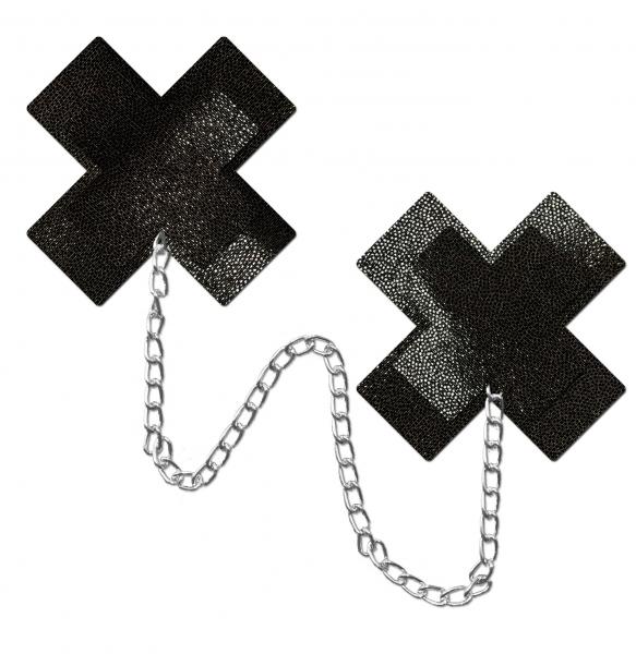 Pastease Chains Liquid Black X Cross W/ Chunky Silver Chain Nipple Pasties Sex Toy Product