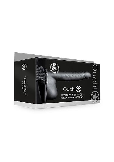 Ouch! Ribbed Hollow Strap-on 8 In W/ Balls Gunmetal Sex Toy Product