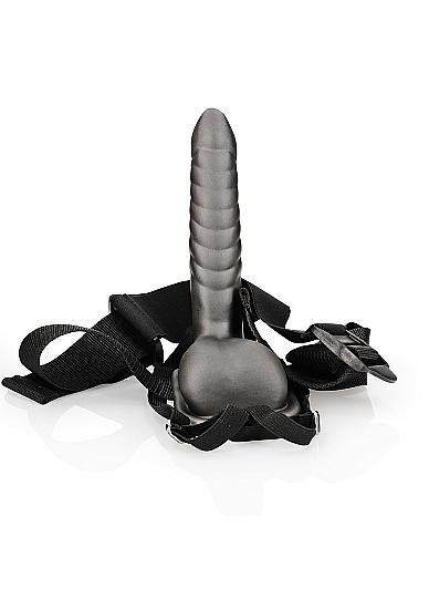 Ouch! Ribbed Hollow Strap-on 8 In W/ Balls Gunmetal Sex Toy Product