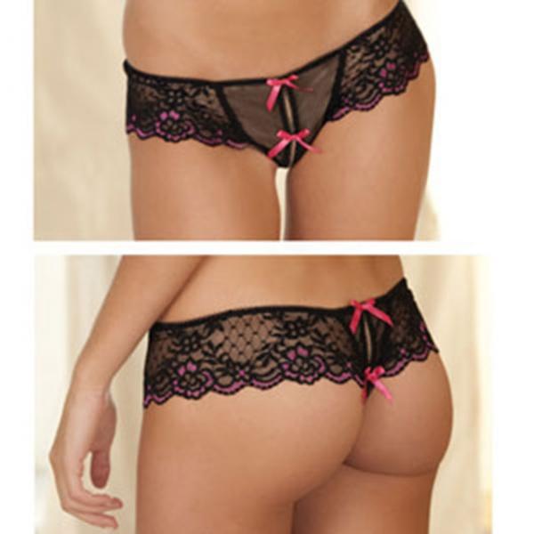 Rene Rofe Crotchless Lace Thong Bows Black S/M Sex Toy Product