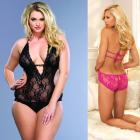 Stretch Lace Deep-v Halter Teddy With Faux Rhinestone Buckle Accent Plus Size Fuchsia Sex Toy Product