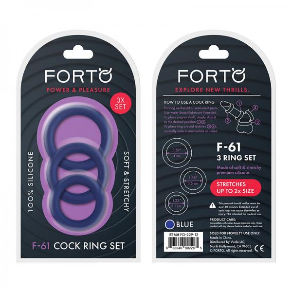Forto F-61: 3 Piece C-ring Set 100% Silicone (1.2in, 1.38in 1.57in) Blue Sex Toy Product