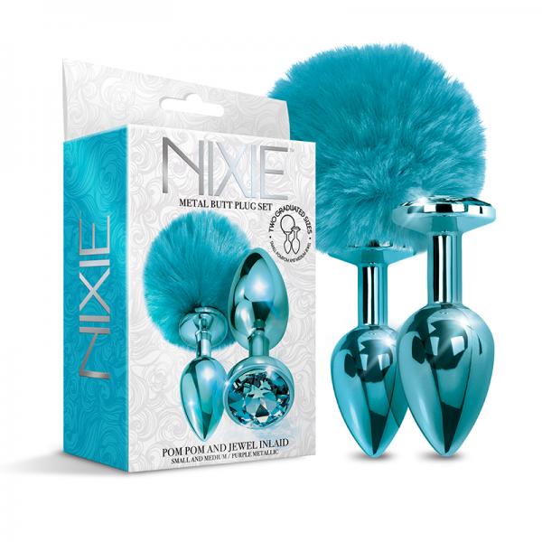 Nixie Metal Butt Plug Set Pom Pom And Jewel-inlaid Metallic Blue Sex Toy Product
