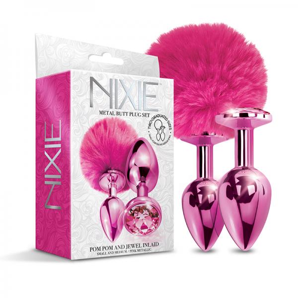 Nixie Metal Butt Plug Set Pom Pom And Jewel-inlaid Metallic Pink Sex Toy Product