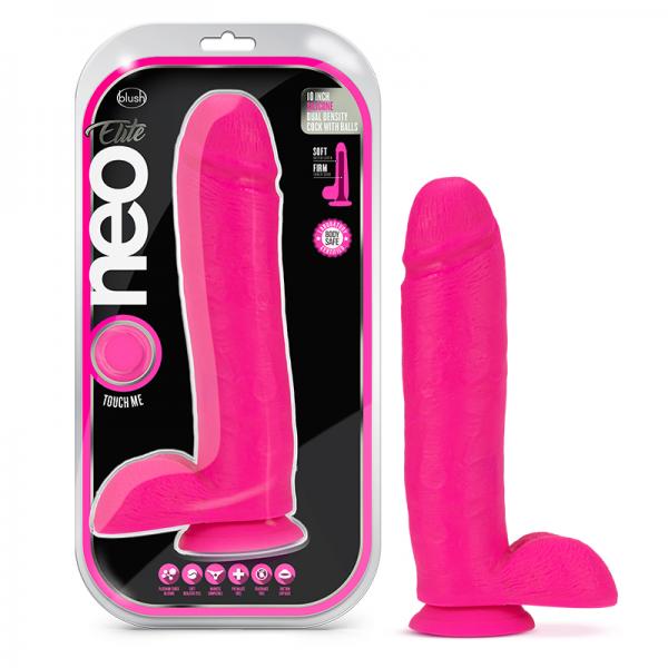 Neo Elite - 10-inch Silicone Dual-density Cock With Balls - Neon Pink Sex Toy Product