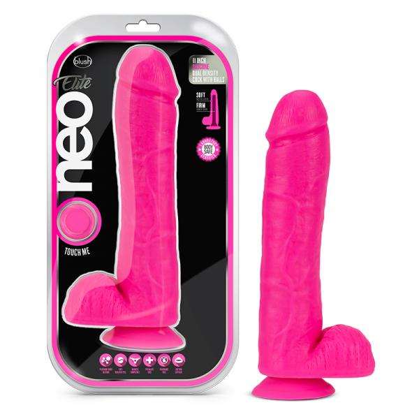 Neo Elite - 11-inch Silicone Dual-density Cock With Balls - Neon Pink Sex Toy Product