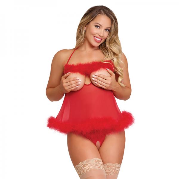 Magic Silk Marabou Cupless & Crotchless Babydoll Set Red S/m Sex Toy Product