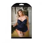 Tease Elle Floral Burnout Velvet Skirted Bustier, Matching Panty & Removable Garters Navy 3x/4x Sex Toy Product