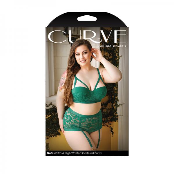 Curve Nadine Longline Contour Cup Bra & High Waist Panty With Removable Garters Emerald 1x/2x Sex Toy Product