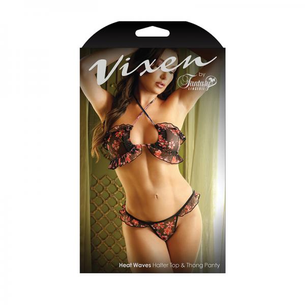 Vixen Heat Waves Floral Print Ruffled Bralette & Matching Thong Panty Black O/s Sex Toy Product