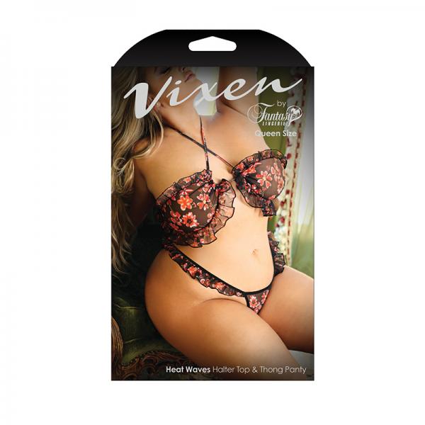 Vixen Heat Waves Floral Print Ruffled Bralette & Matching Thong Panty Black Queen Sex Toy Product
