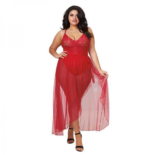 Dreamgirl Plus-size Stretch Lace Teddy & Sheer Mesh Maxi Skirt With Adjustable Straps & G-string Rou Sex Toy Product
