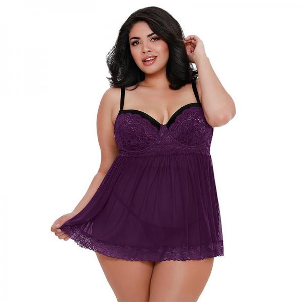 Dreamgirl Plus-size Stretch Mesh And Lace Babydoll With Underwire Push-up Cups, G-string, And Lace O Sex Toy Product