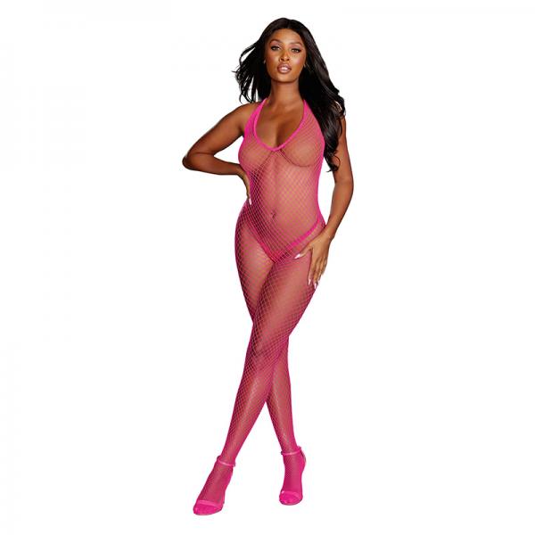 Dreamgirl Diamond-net Halter Bodystocking With Open Crotch Neon Pink Os Sex Toy Product