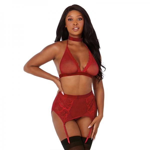 Dreamgirl Fishnet And Lace Four-piece Set With Stretch Velvet Trim Accents Garnet Os Sex Toy Product