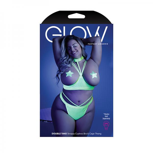 Glow Double Take Strappy Harness Open-shelf Bra & Cage Thong Neon Lemon Qs Sex Toy Product