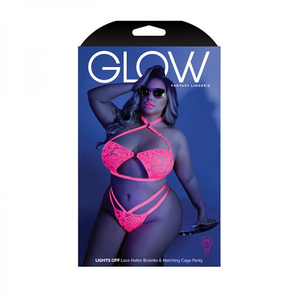 Glow Lights Off Lace Halter Bralette & Cage Panty Neon Pink Qs Sex Toy Product