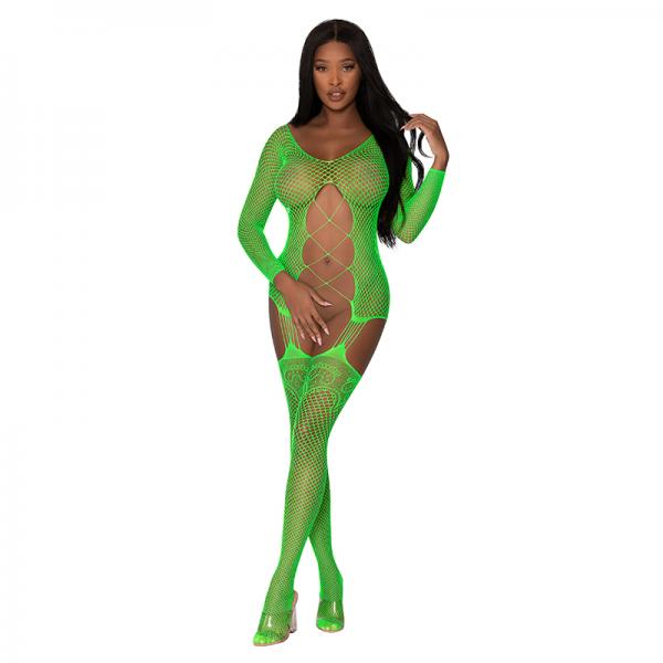 Magic Silk Seamless Fishnet Gartered Catsuit Lime Os Sex Toy Product