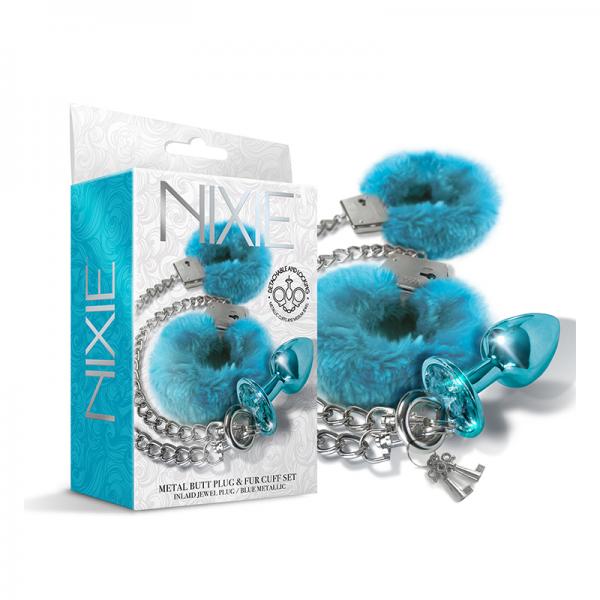 Nixie Metal Butt Plug & Furry Handcuff Set Mediumblue Metallic Sex Toy Product