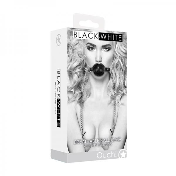 Ouch! Black & White Breathable Ball Gag With Nipple Clamps Black Sex Toy Product