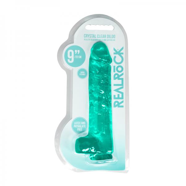 Realrock Crystal Clear  Realistic Dildo With Balls 9 In. Turquoise Sex Toy Product