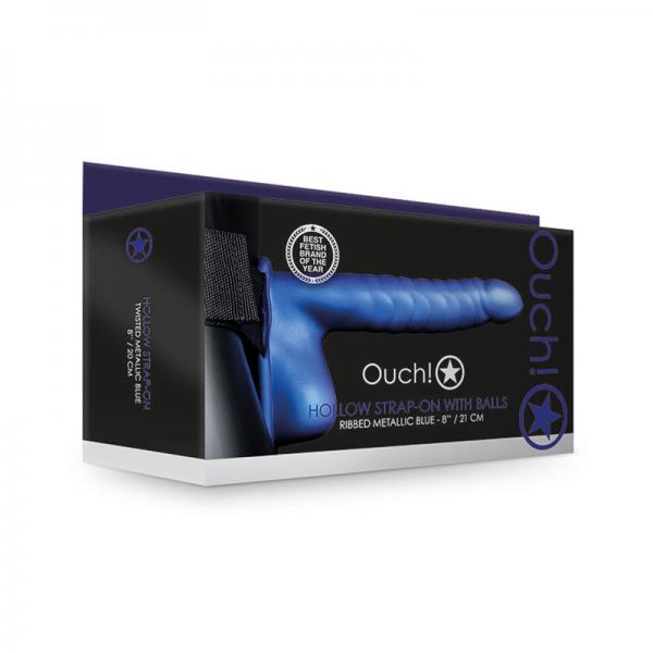 Ouch! Ribbed Hollow Strap-on With Balls 8 In. Metallic Blue Sex Toy Product