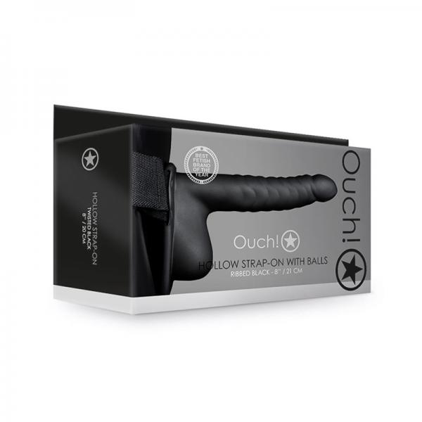 Ouch! Ribbed Hollow Strap-on With Balls 8 In. Black Sex Toy Product