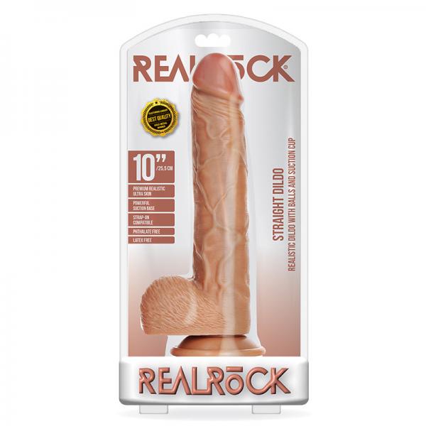 Realrock Straight Realistic Dildo With Balls And Suction Cup 10 In. Tan Sex Toy Product