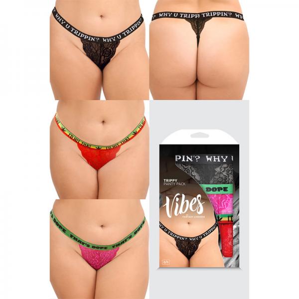 Fantasy Lingerie Vibes Trippy Vibes Pack 3-piece Lace Thong Panty Set Black/red/pink Queen Size Sex Toy Product