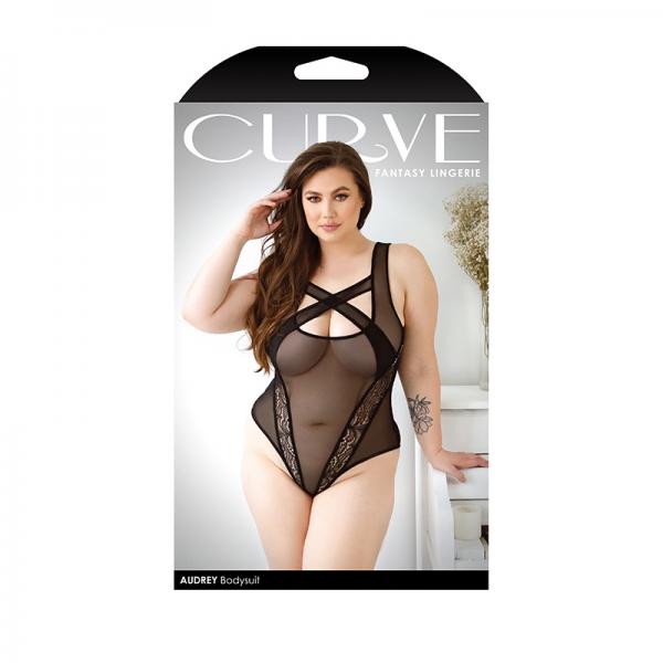 Curve Audrey Criss-cross Mesh Bodysuit With Lace Panel Detail And Snap Closure 3x/4x Black Sex Toy Product