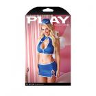 Play Fly With Me Costume Mandarin Collar Top With Keyhole Cutout, Skirt, G-string & Hat L/xl Blue Sex Toy Product