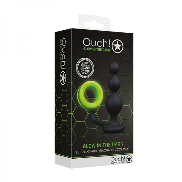 Ouch! Glow Beads Butt Plug With Cock Ring - Glow In The Dark - Green Sex Toy Product