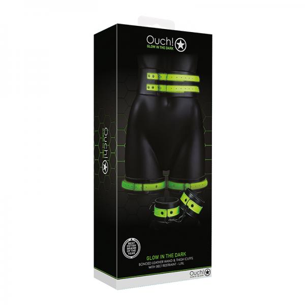 Ouch! Glow Thigh Cuffs, Hand Cuffs & Belt - Glow In The Dark - Green - L/xl Sex Toy Product