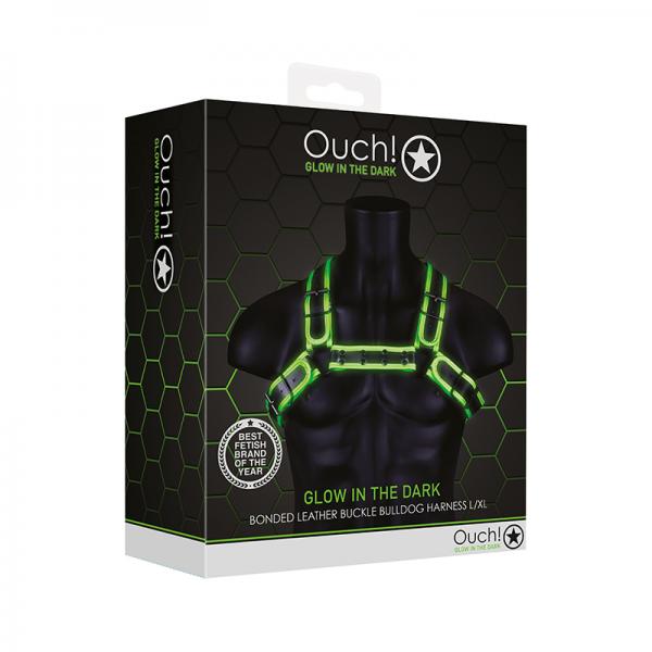 Ouch! Glow Buckle Bulldog Harness - Glow In The Dark - Green - L/xl Sex Toy Product