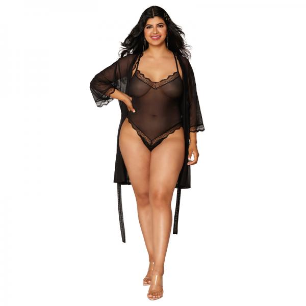 Dreamgirl Mesh Robe & Strappy Back Teddy With Lace Trim Black 2xl Hanging Sex Toy Product